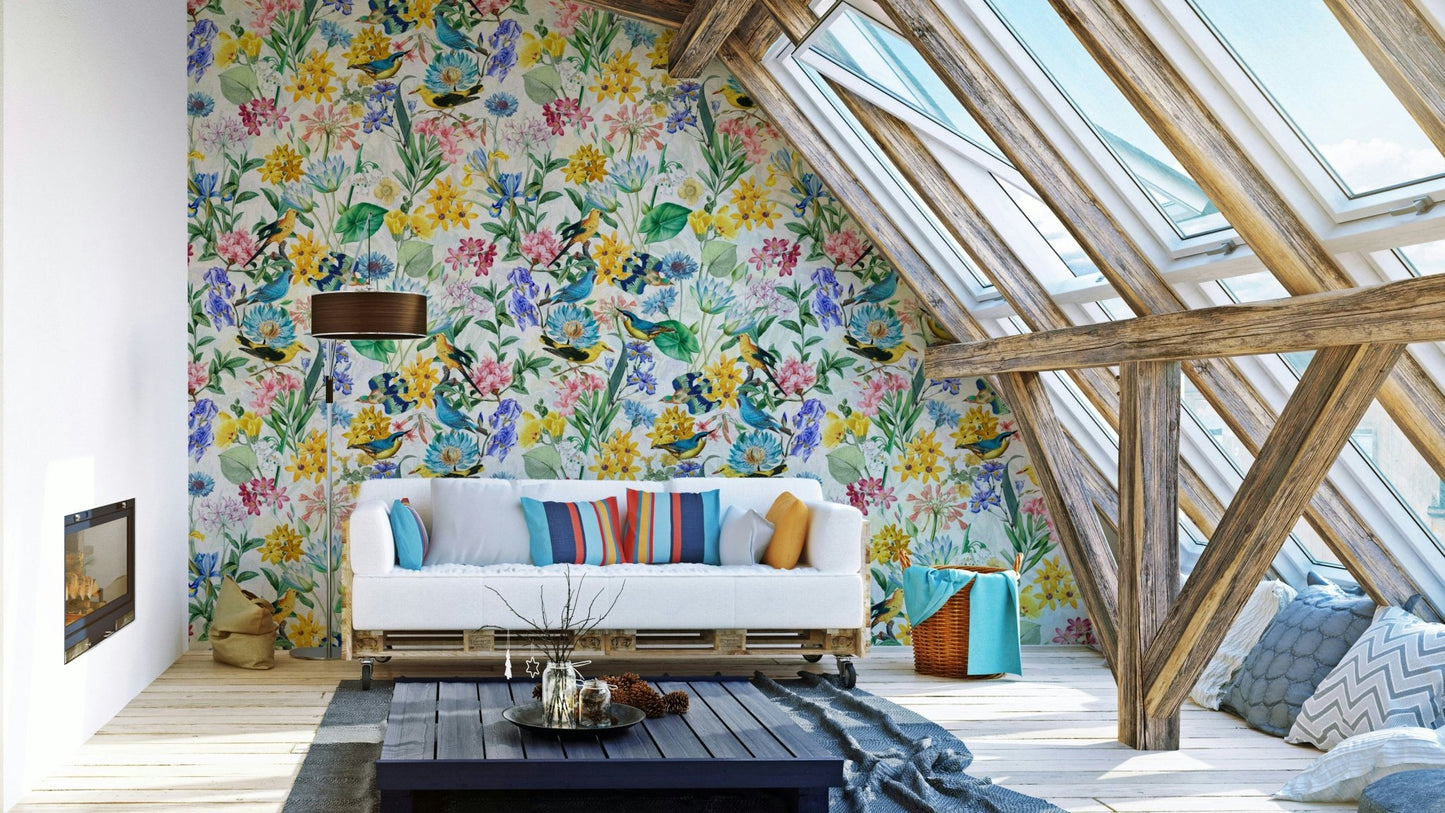 Elegant birds and floral design in pastel shades on wallpaper

