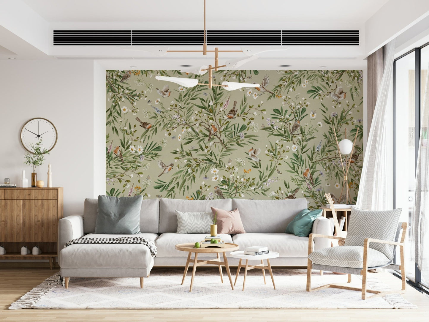 Nursery room décor using the charming Birds & Blooms Wall Mural.