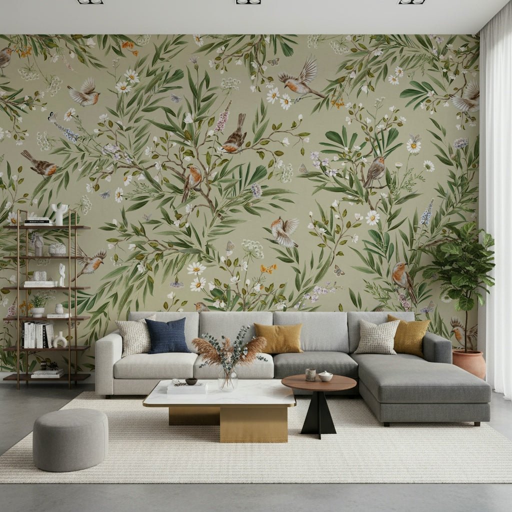 A reading nook showcasing the serene Birds & Blooms Wall Mural.