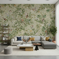 A reading nook showcasing the serene Birds & Blooms Wall Mural.