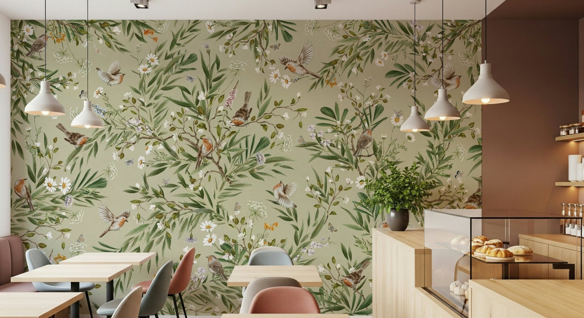 Birds & Blooms Wall Mural in a bright contemporary living room.