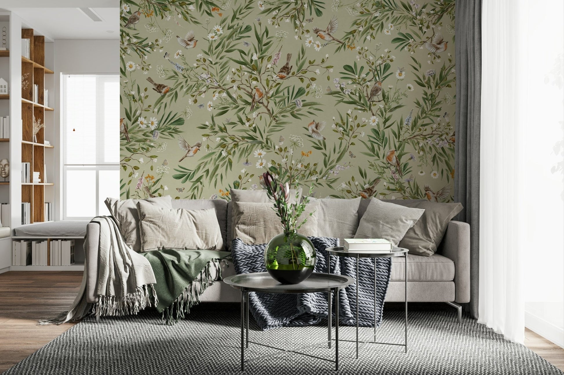 Artistic depiction of a blooming flower in the Birds & Blooms Wall Mural.