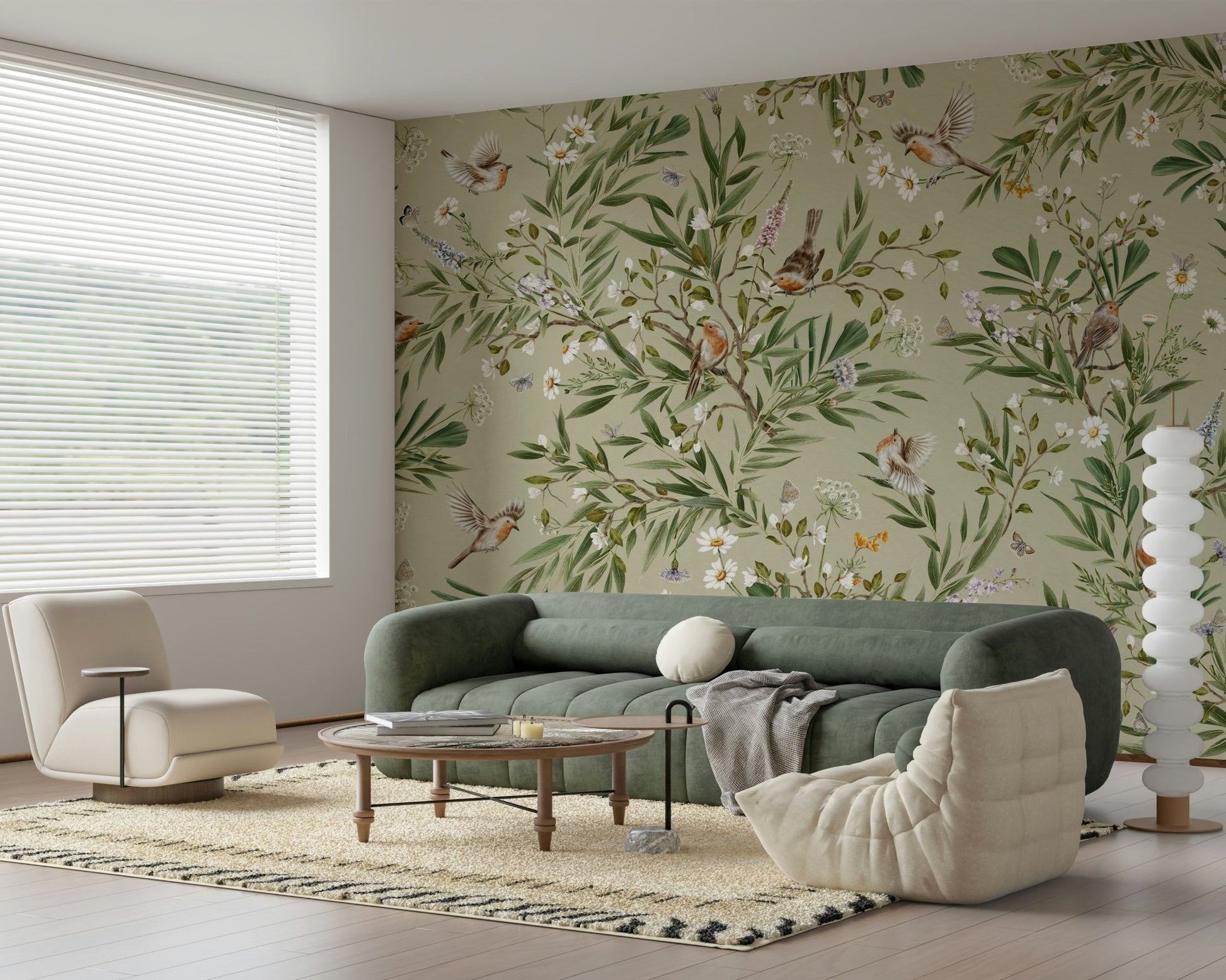 Vibrant floral and leaf details on the Birds & Blooms Wall Mural.
