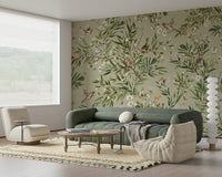 Vibrant floral and leaf details on the Birds & Blooms Wall Mural.