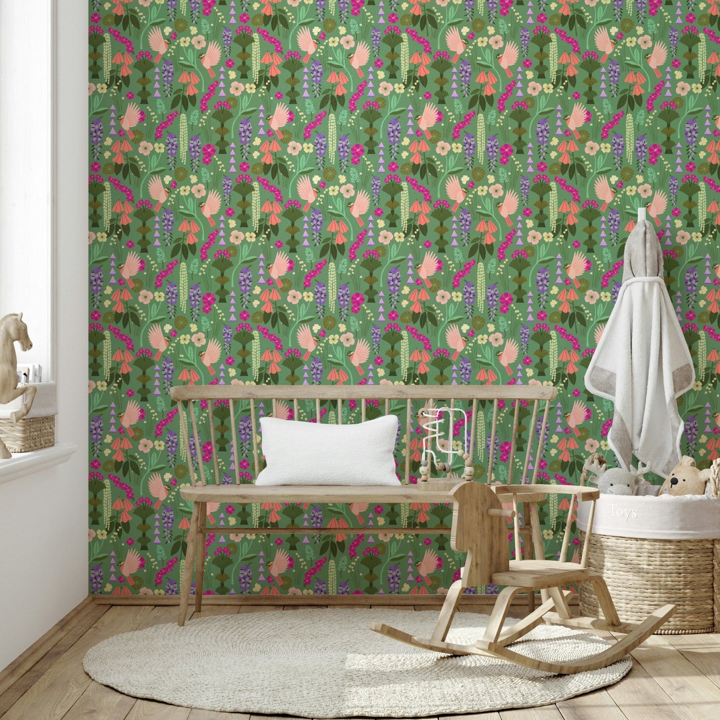 Pastel floral and bird mural wallpaper

