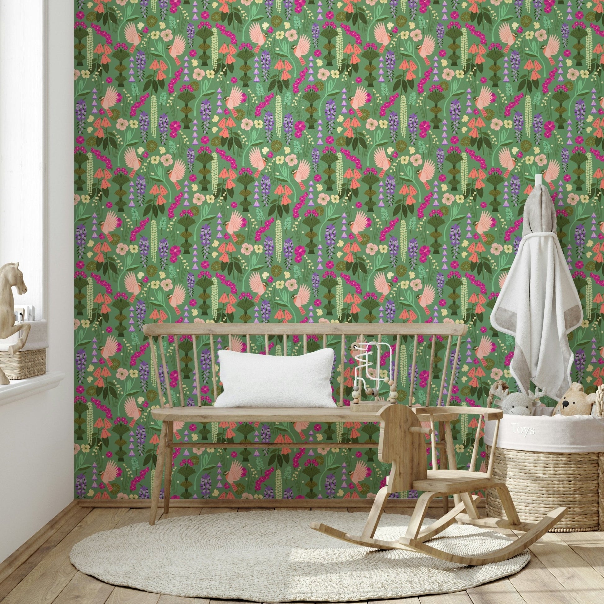 Pastel floral and bird mural wallpaper

