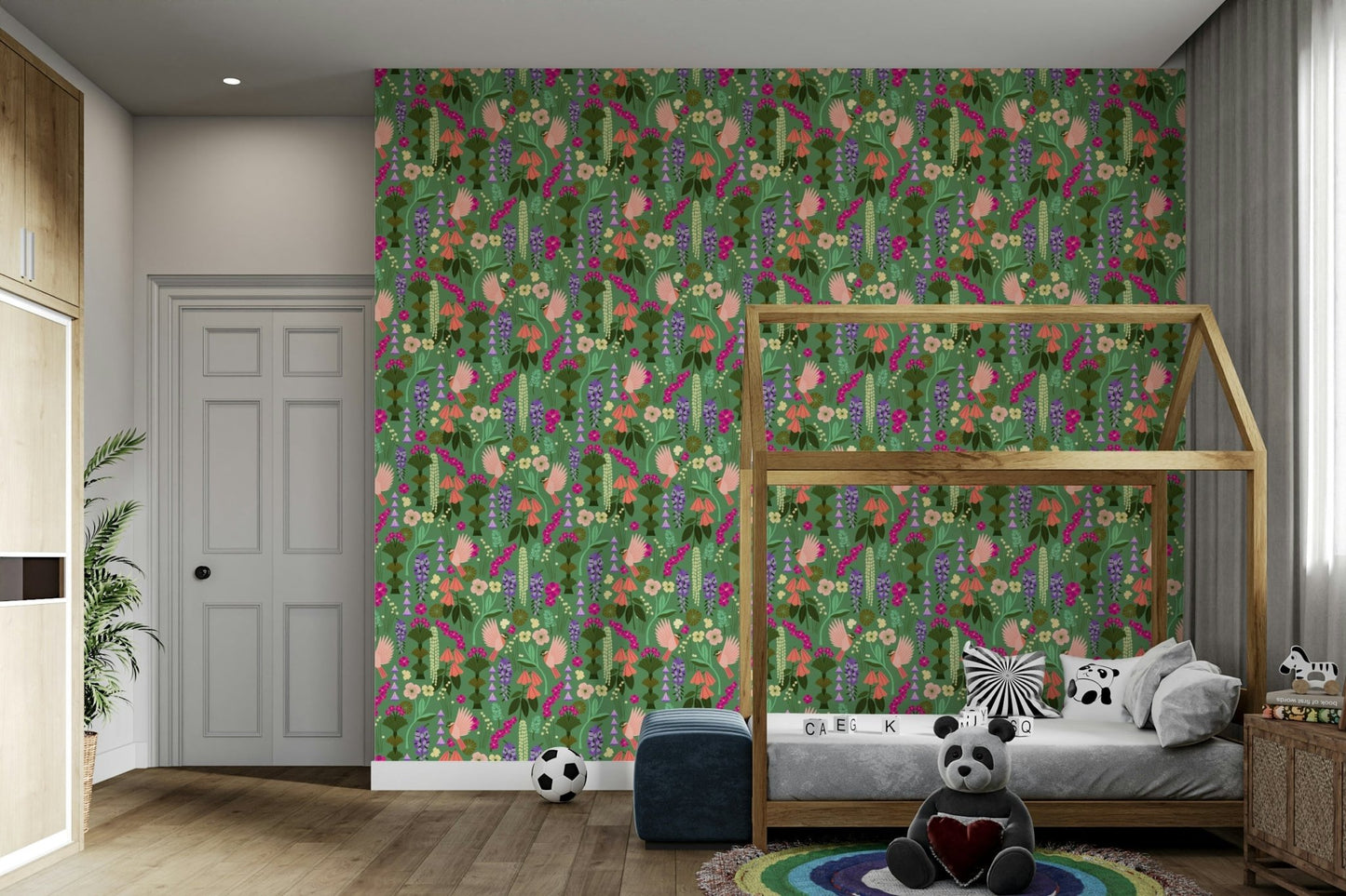 Floral wallpaper with perched birds


