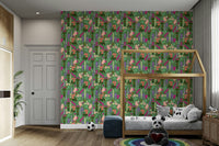 Floral wallpaper with perched birds

