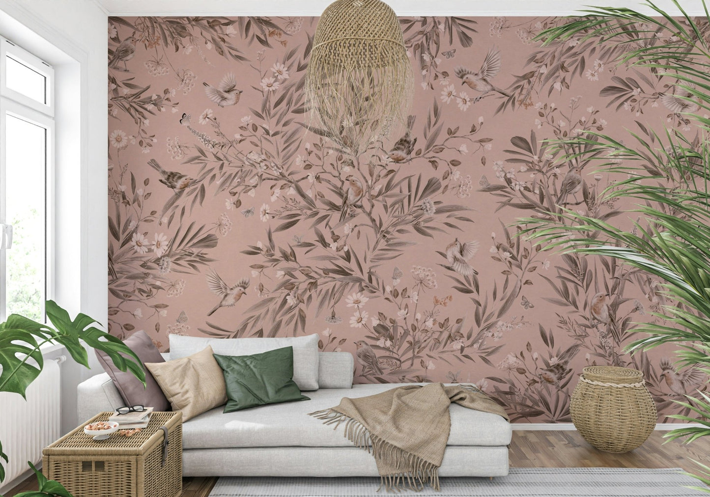 Detailed flower and vine print on the Botanical Birdsong Wall Mural., GD6286