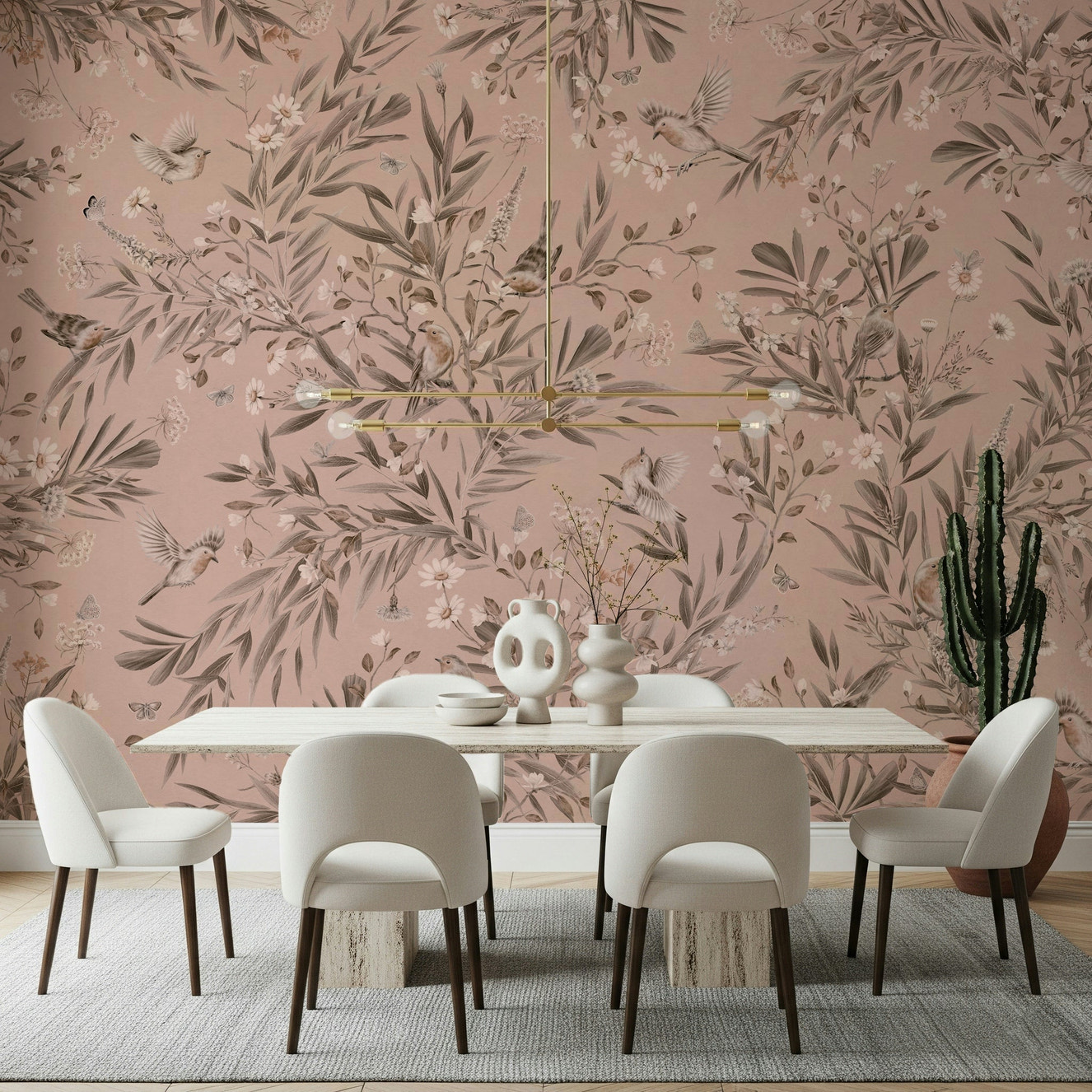 Botanical Birdsong Wall Mural in a grand living room space.