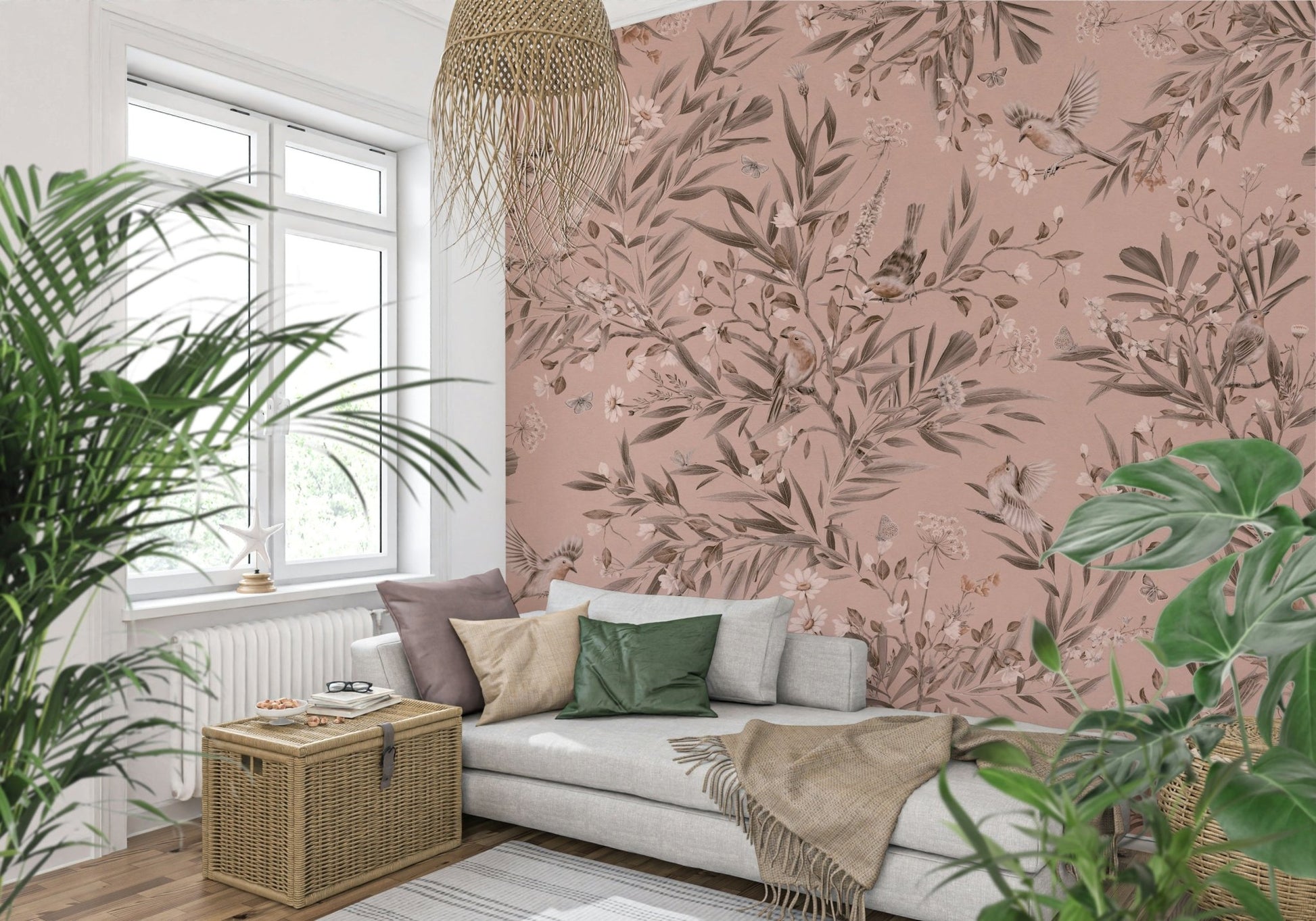 A serene study showcasing the Botanical Birdsong Wall Mural., GD6286