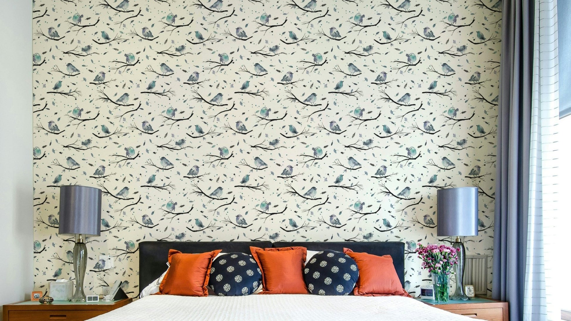Aqua robin birds mural wallpaper

