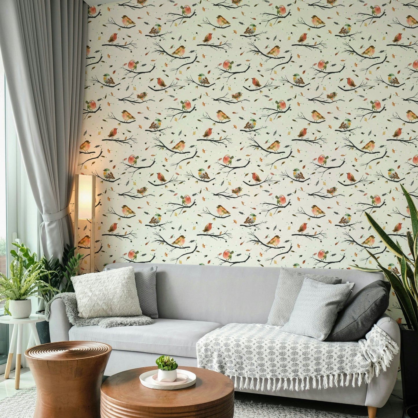 Beige wall mural with red robins

