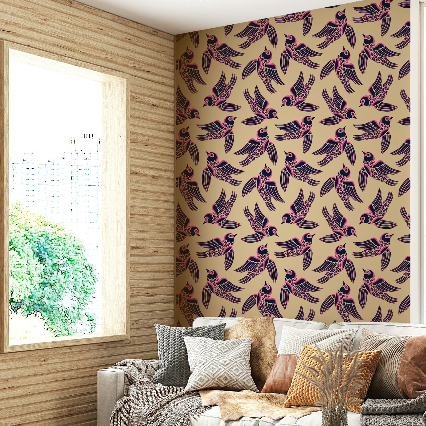 Soaring birds wallpaper in midnight and fuchsia mix

