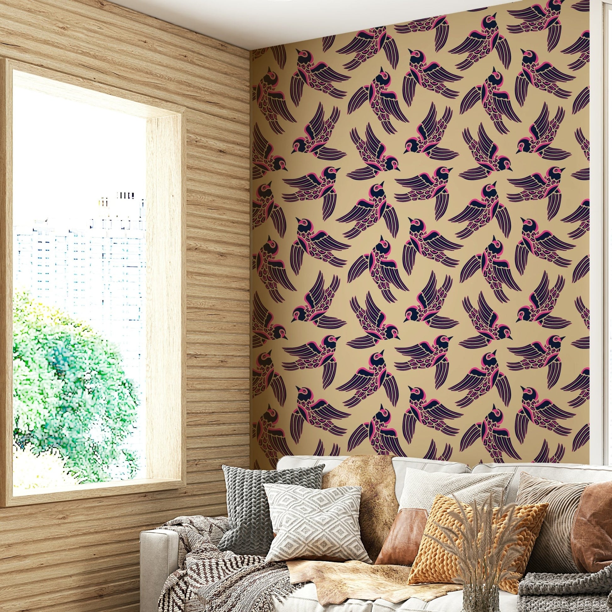 Soaring birds wallpaper in midnight and fuchsia mix

