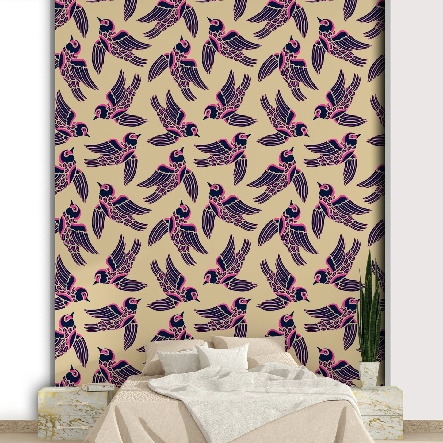 Birds flying wallpaper in fuchsia, blue, and beige

