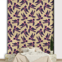 Birds flying wallpaper in fuchsia, blue, and beige

