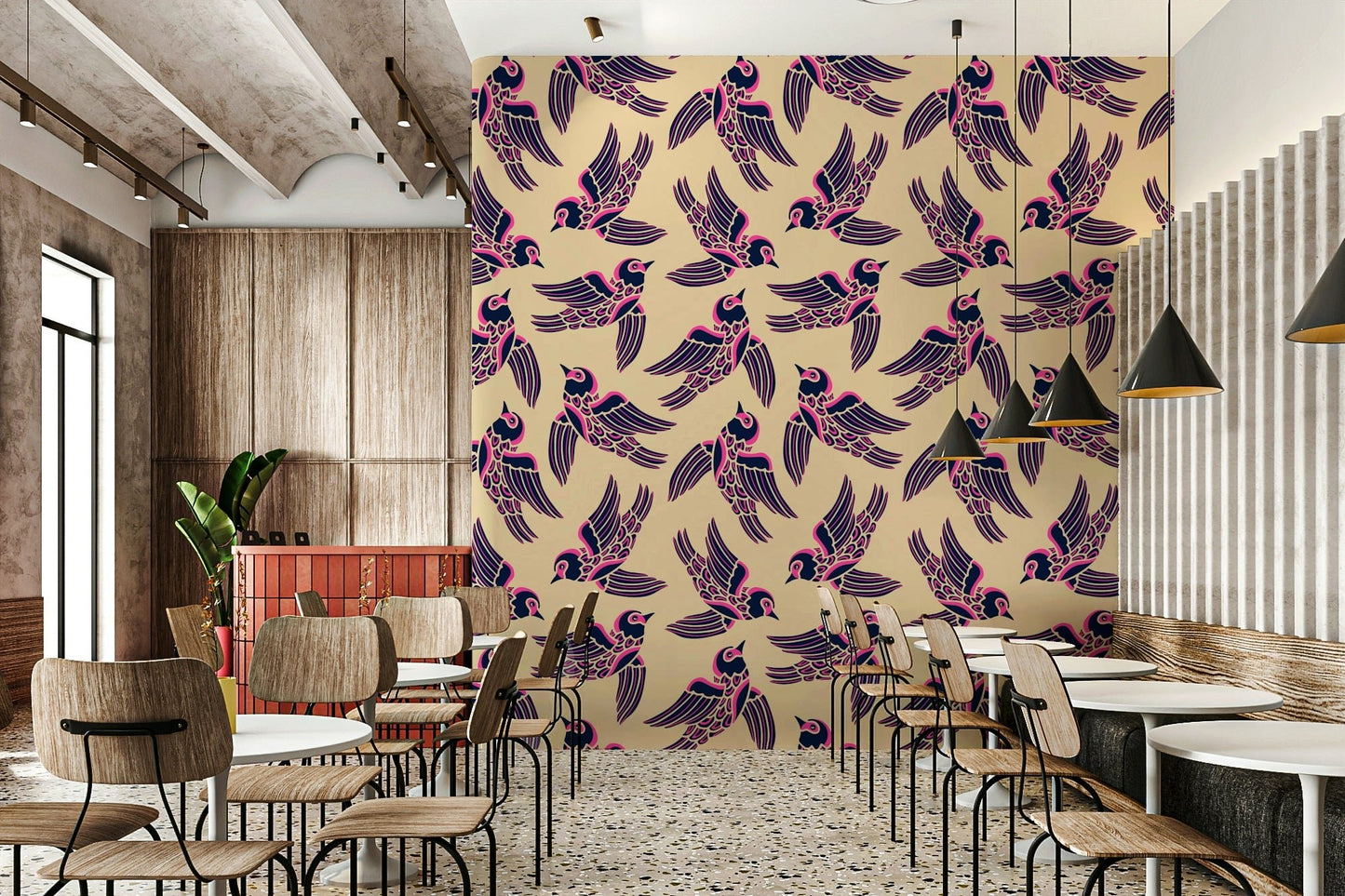 Abstract bird wallpaper with pink and beige hues

