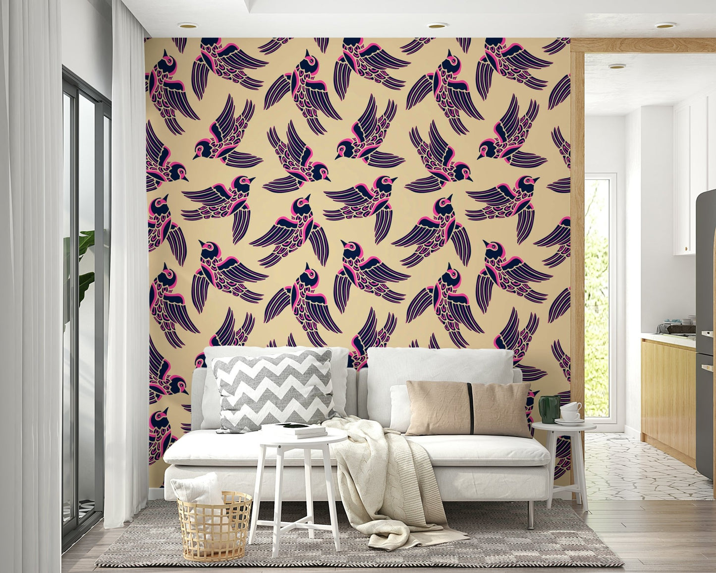 Fuchsia and blue bird mural for dynamic interiors

