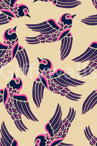 Beige background with birds in colorful flight

