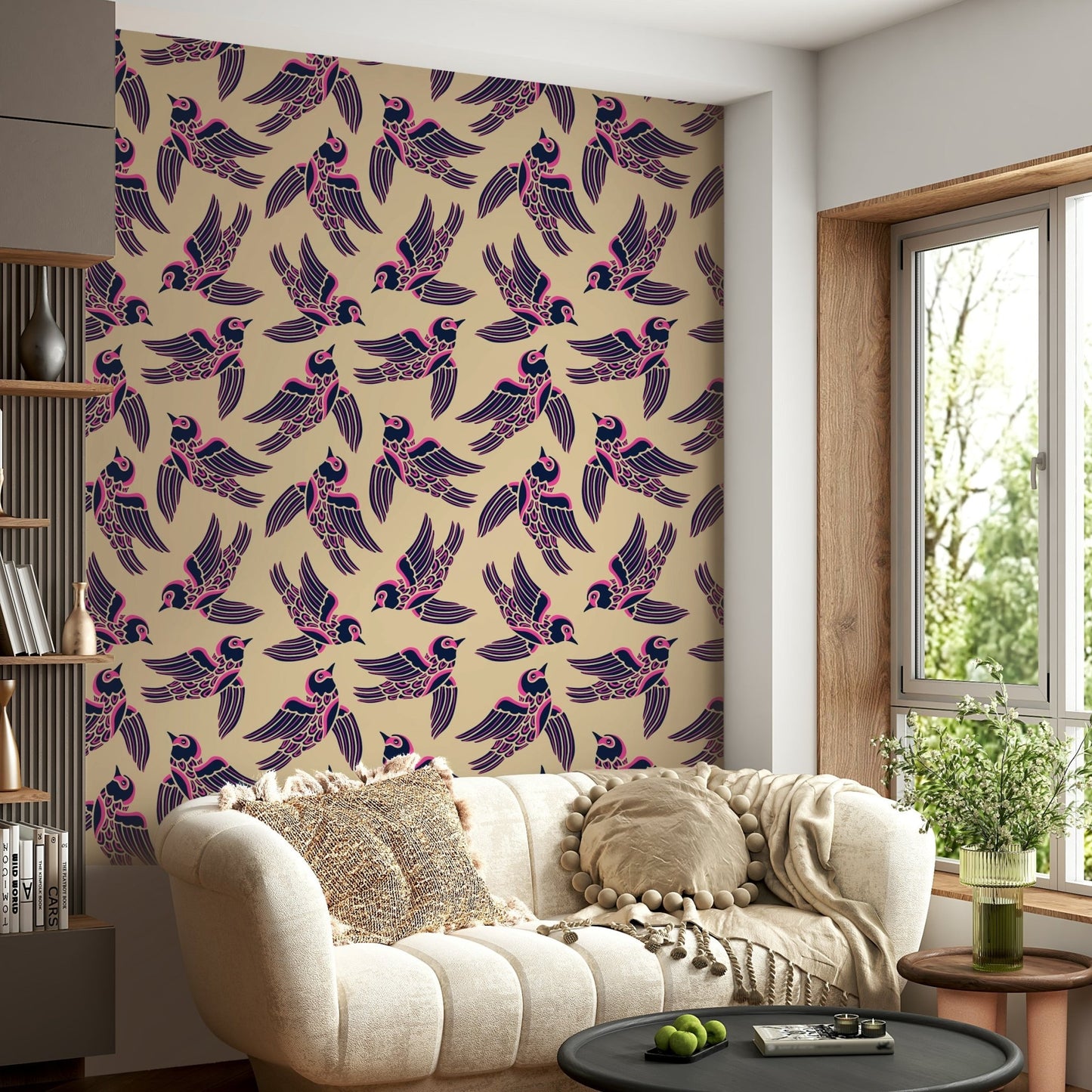 Midnight blue sky with birds in motion design

