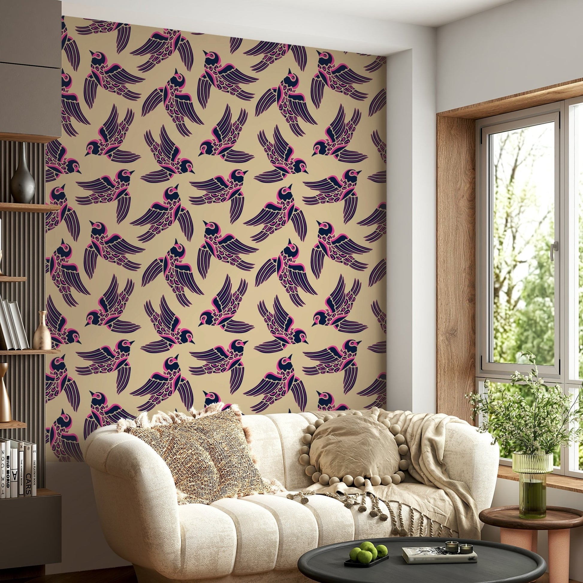 Midnight blue sky with birds in motion design

