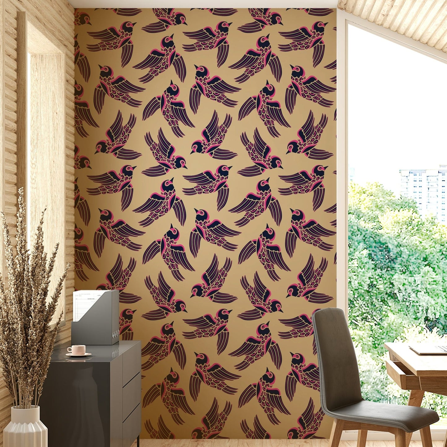 Elegant flying bird mural in vibrant fuchsia tones

