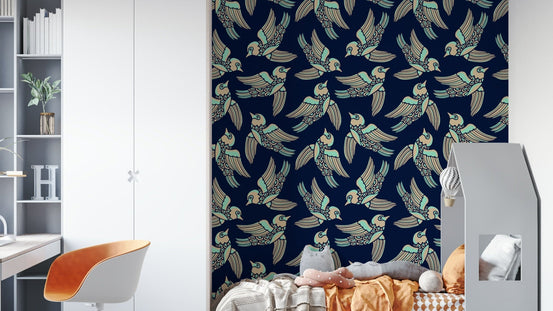 Mint and midnight blue wallpaper with flying birds, GD1543