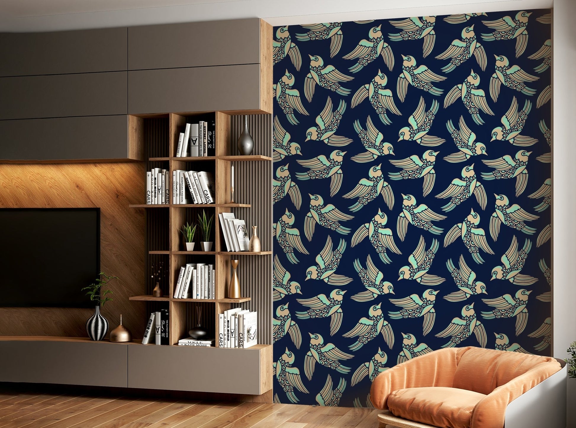 Elegant bird flight design in cool earthy tones

