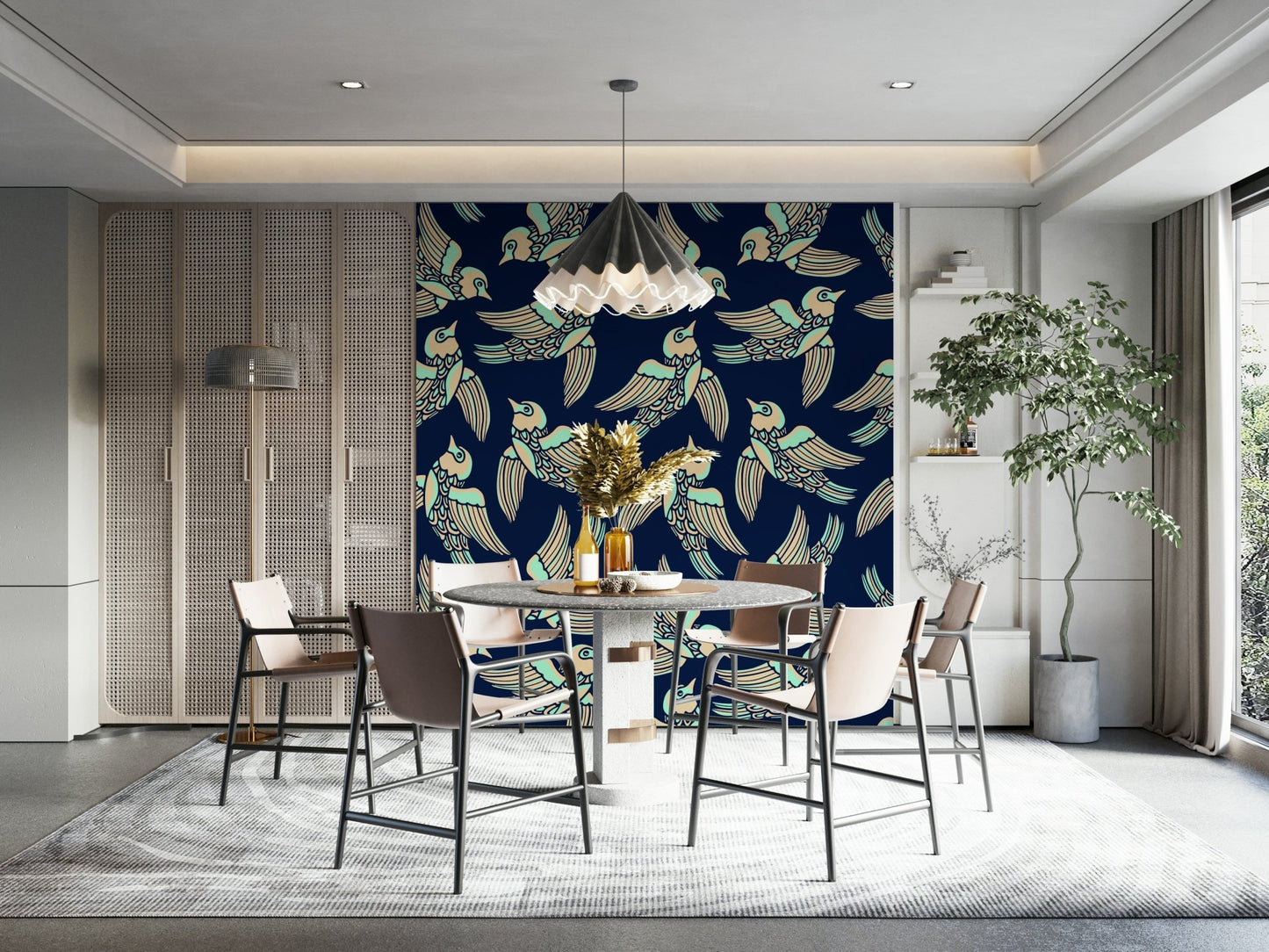 Birds flying wallpaper in mint, beige, and blue

