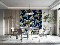 Birds flying wallpaper in mint, beige, and blue

