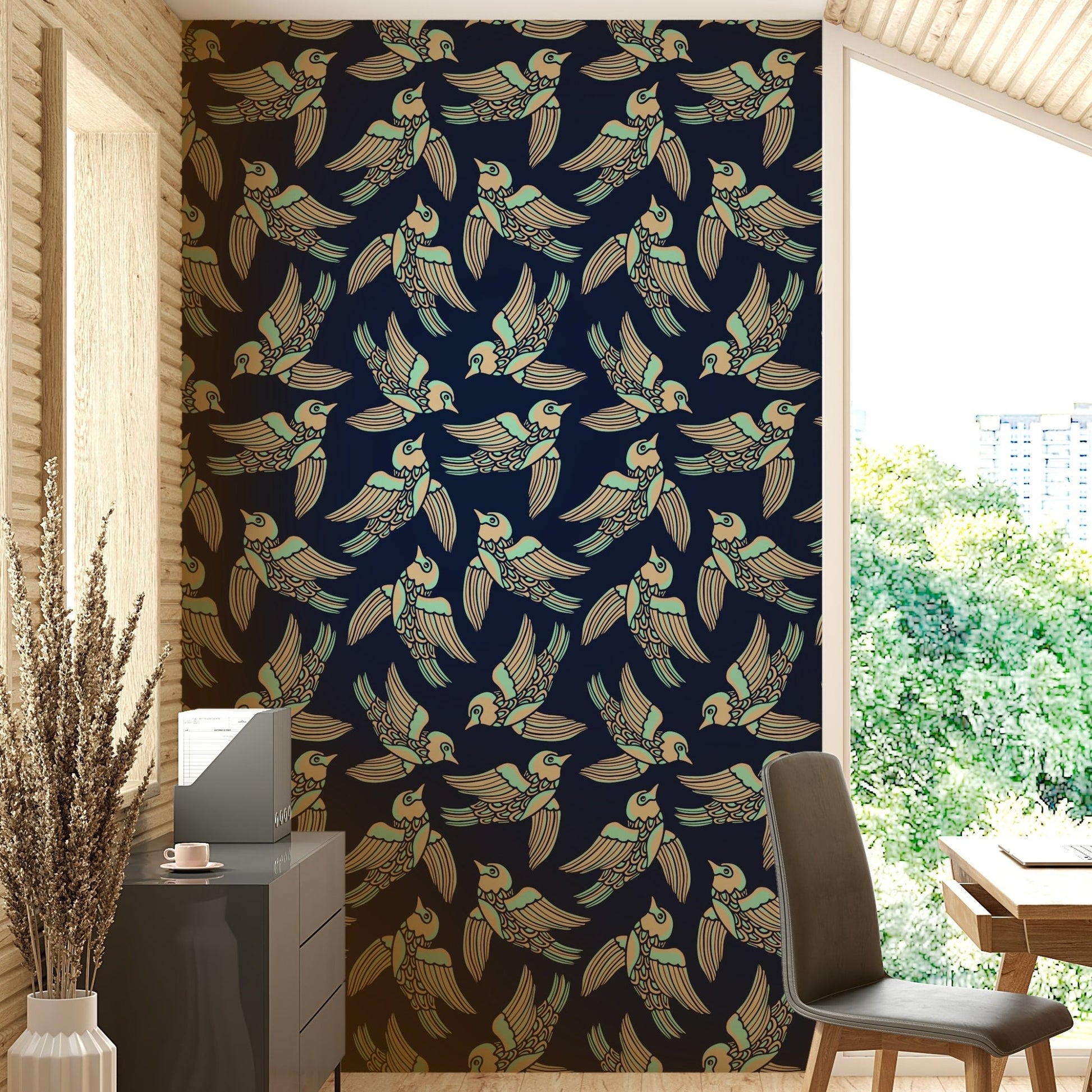 Soaring birds mural with soft mint and deep blue

