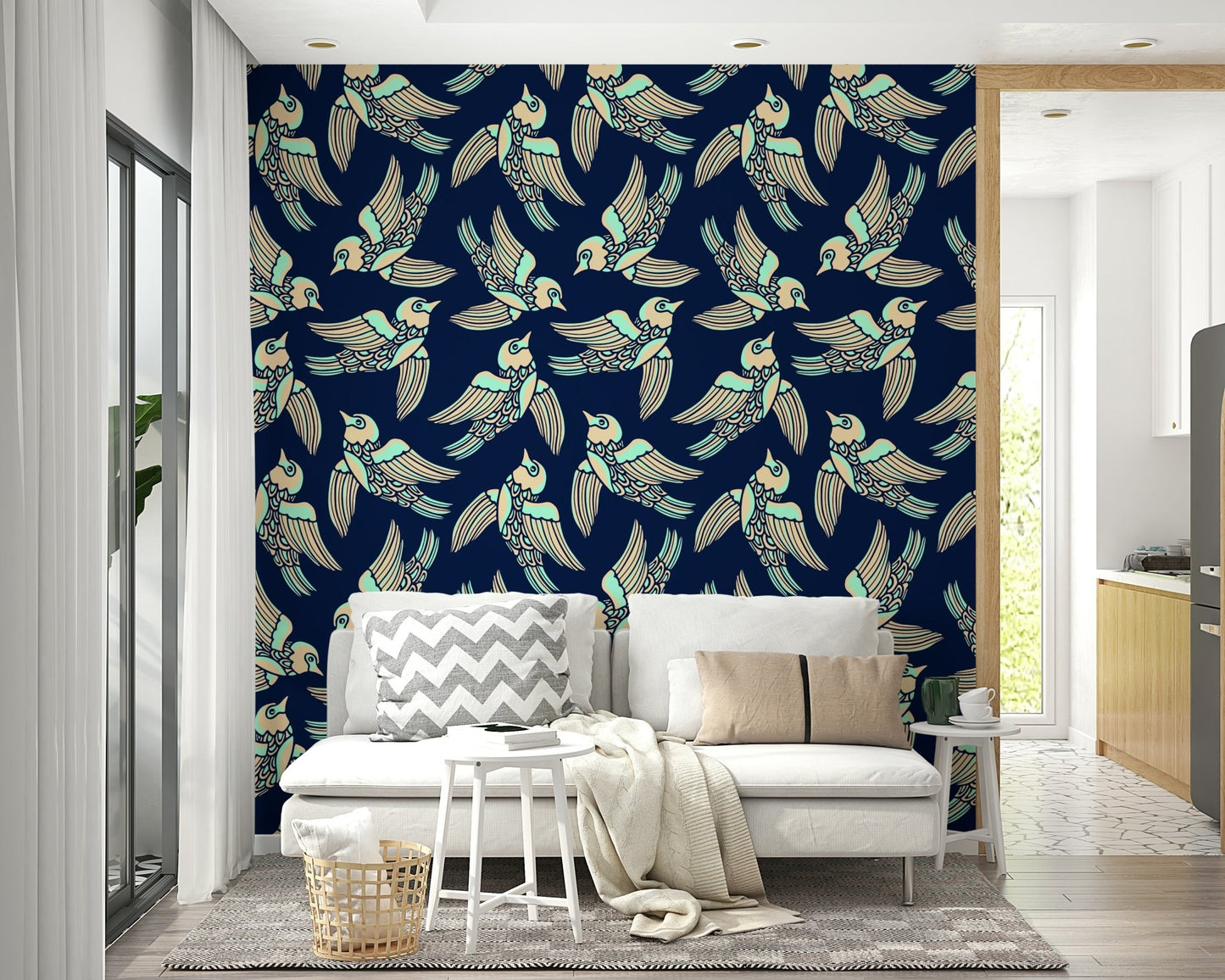 Birds mural in calm mint and beige color palette

