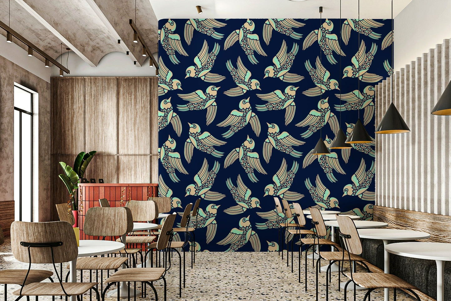 Artistic bird wallpaper in natural, modern hues


