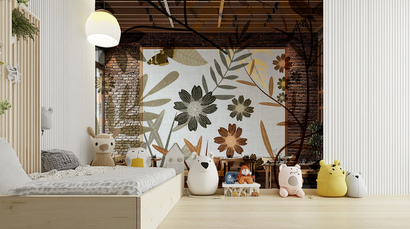 Golden gray bird mural
