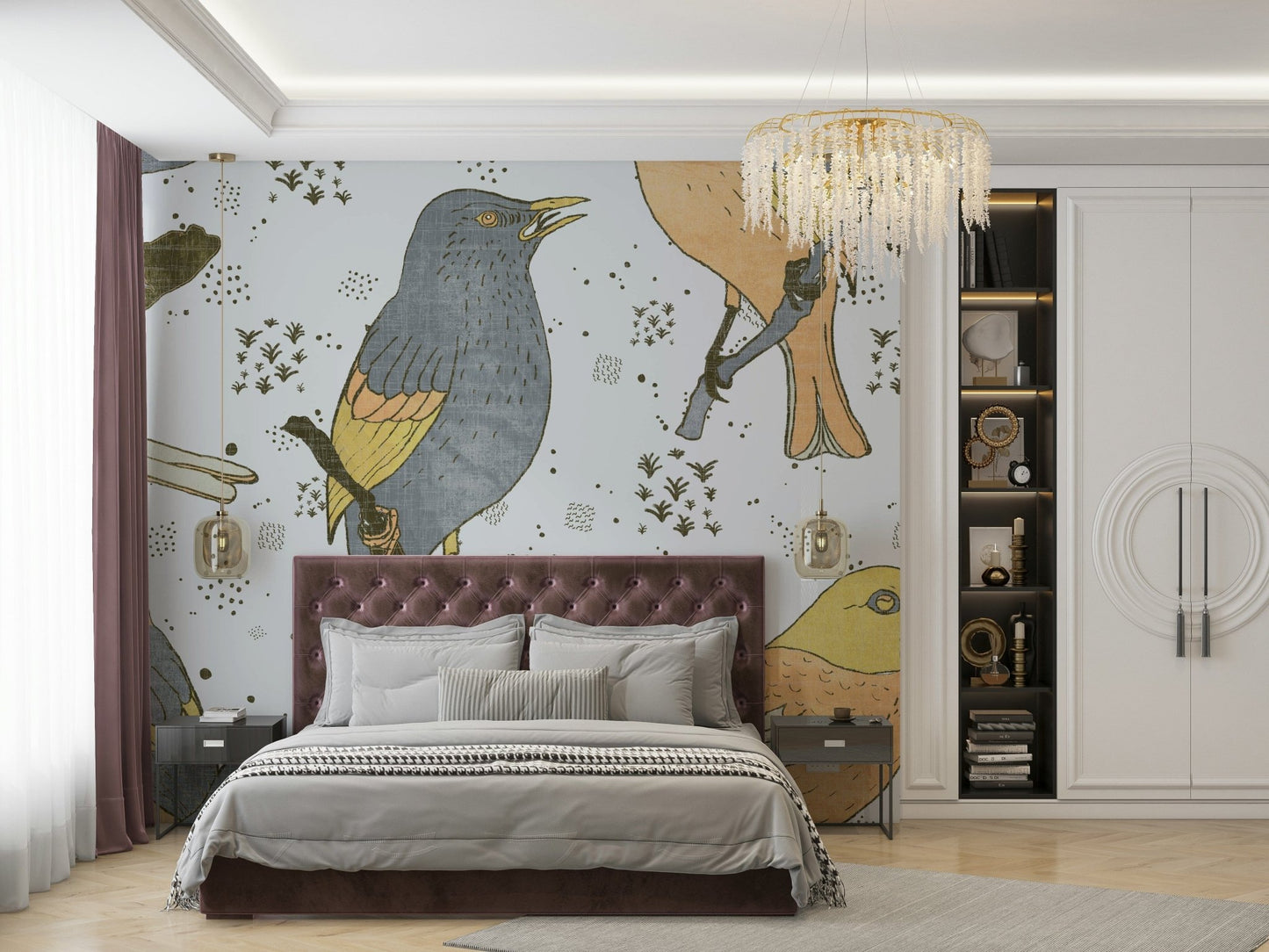 Artistic bird mural wallpaper detail


