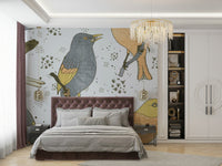 Artistic bird mural wallpaper detail

