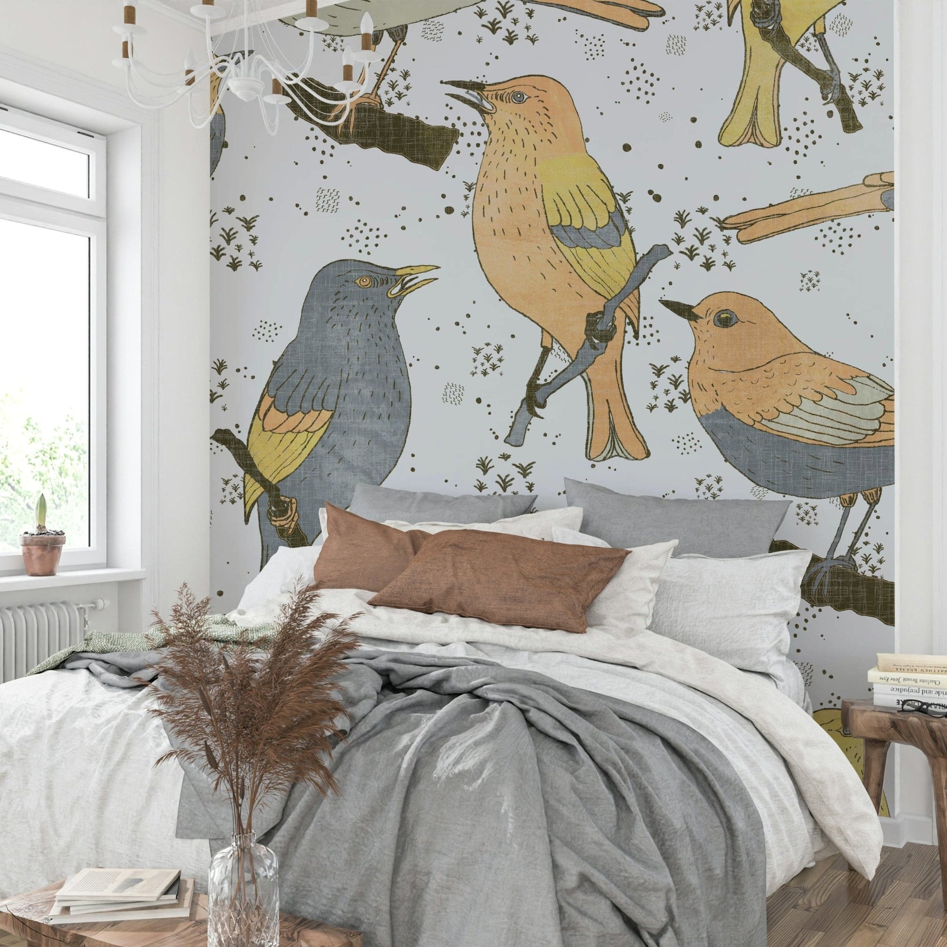 Bird illustrations on wallpaper for walls

