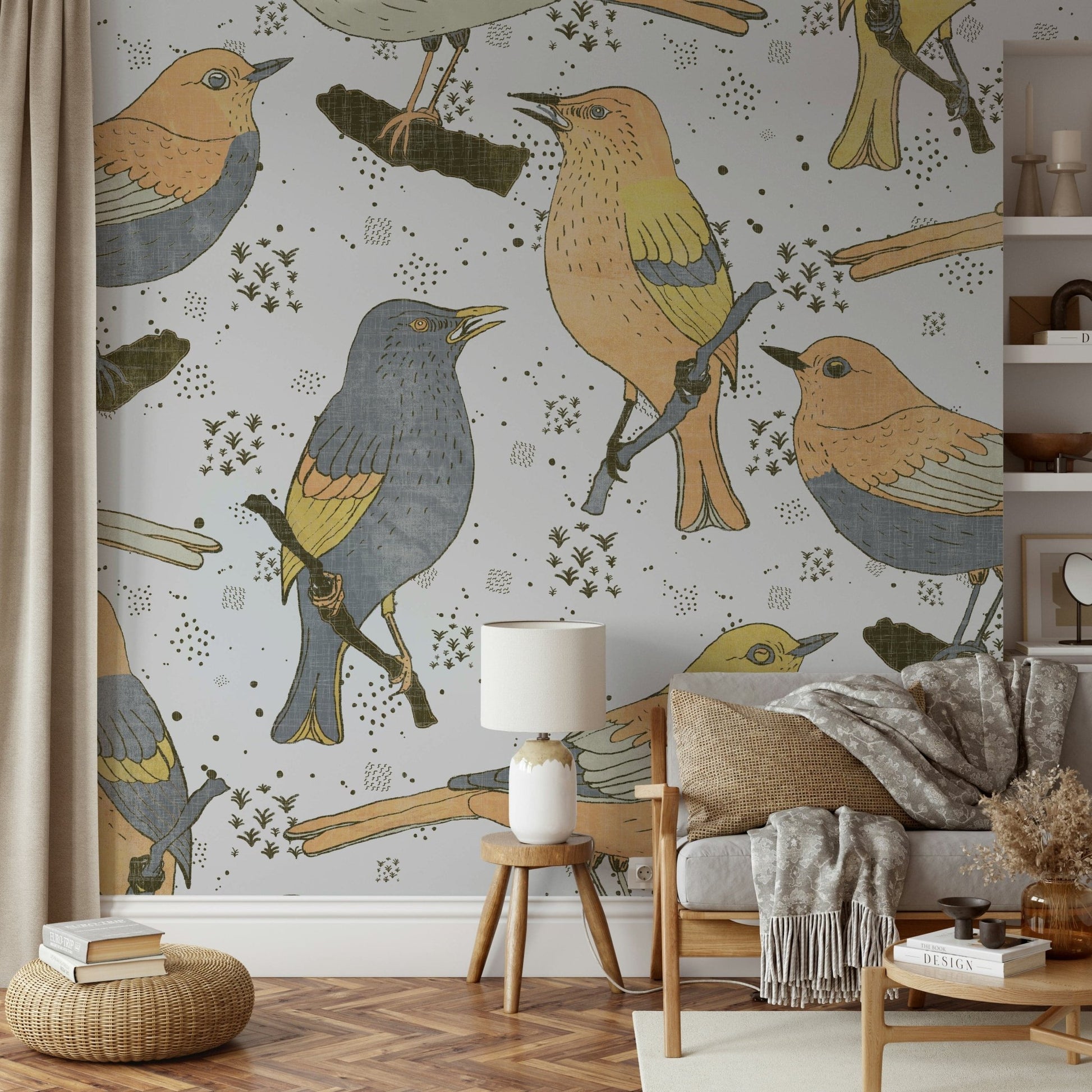 Muted peach and gray birds wallpaper close-up

