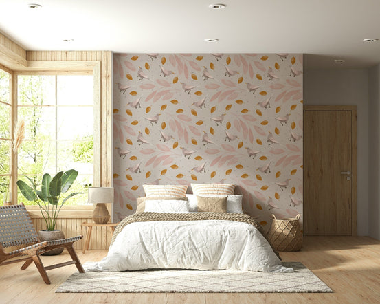 Birds & Leaves wallpaper mural showing pink birds and amber leaves pattern., GD6549