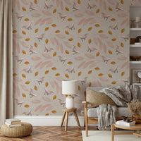 Soft pink birds and ochre leaves, Birds & Leaves wall mural accent.

