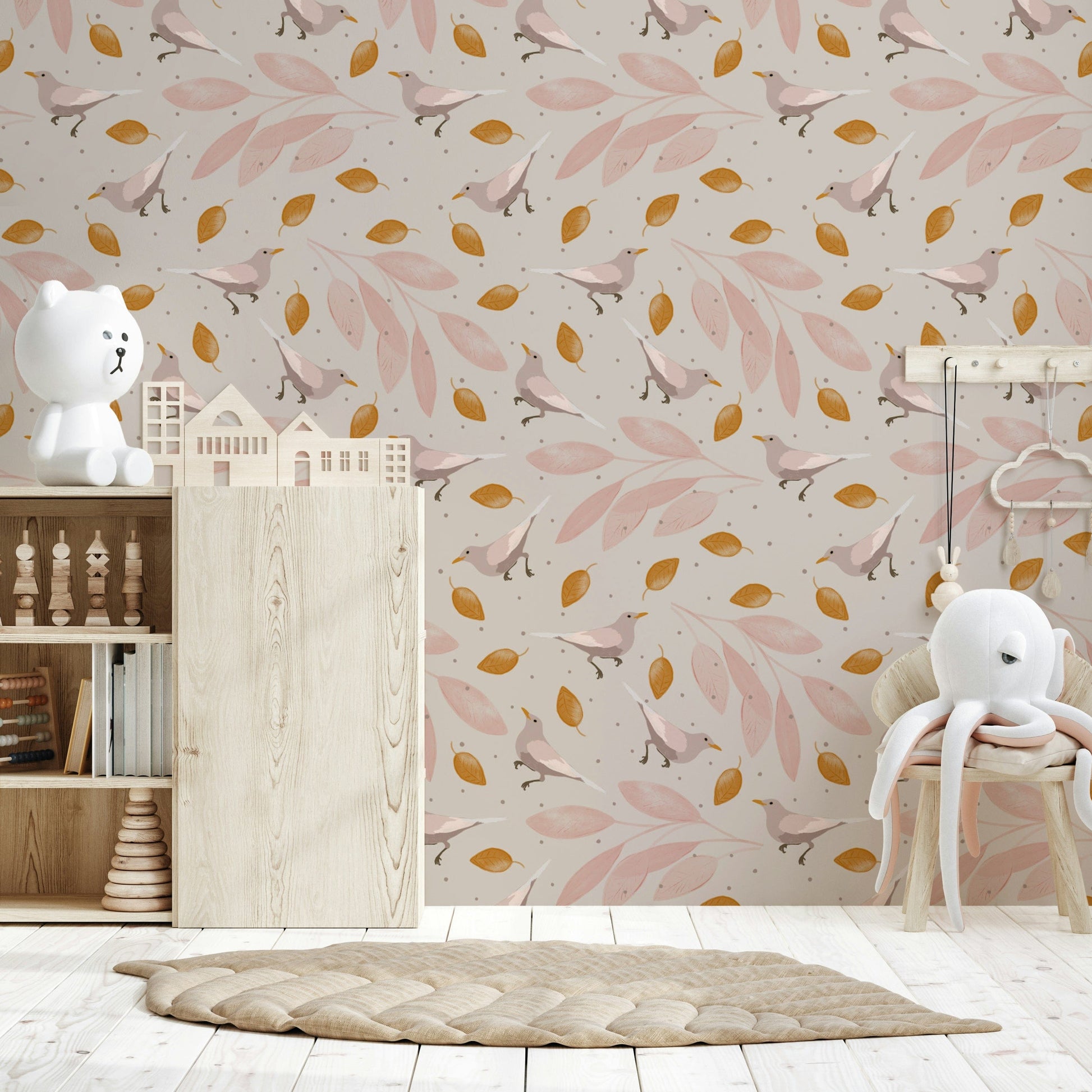 Tranquil Birds & Leaves wallpaper, scattered birds and leaves for walls.

