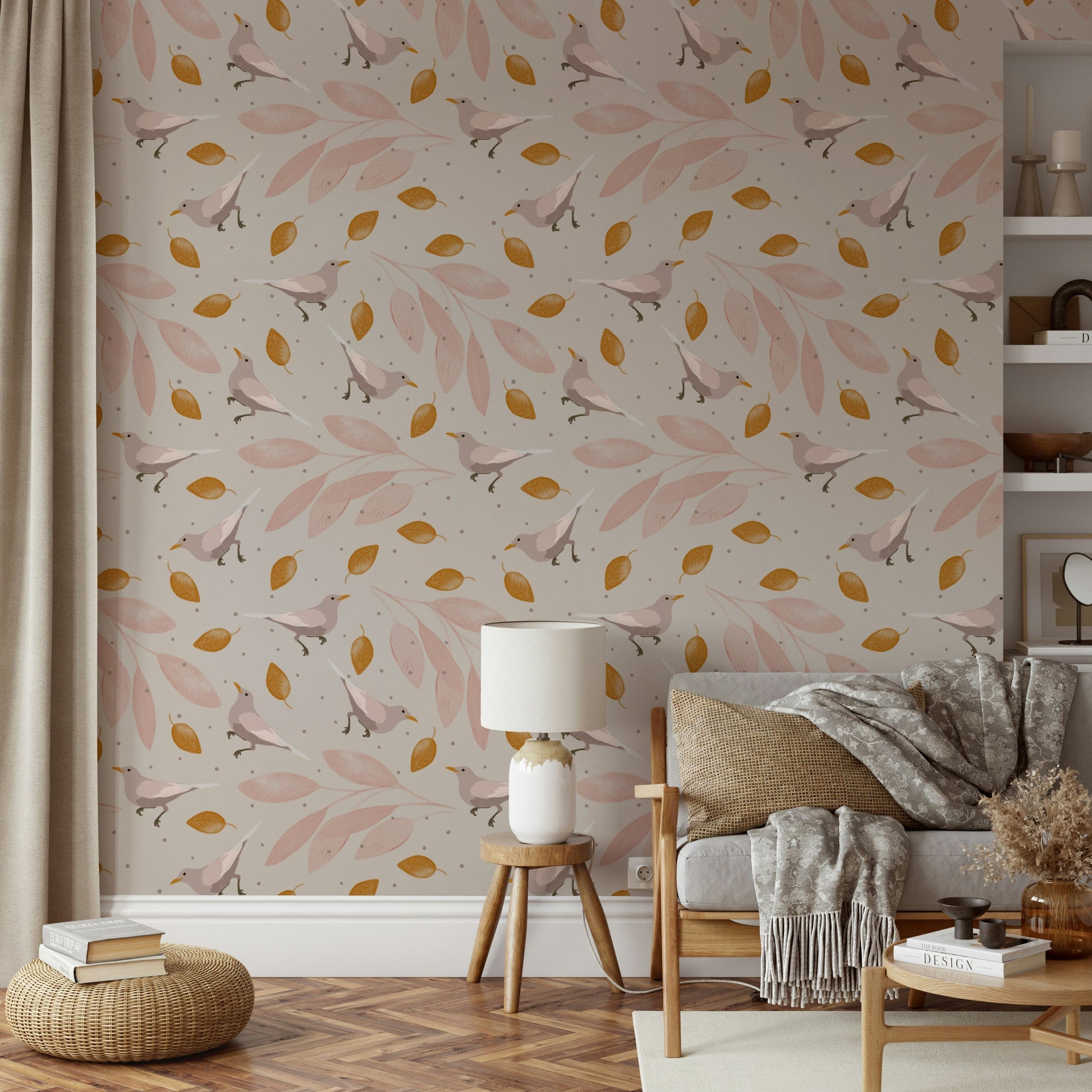 Soft pink birds and ochre leaves, Birds & Leaves wall mural accent.

