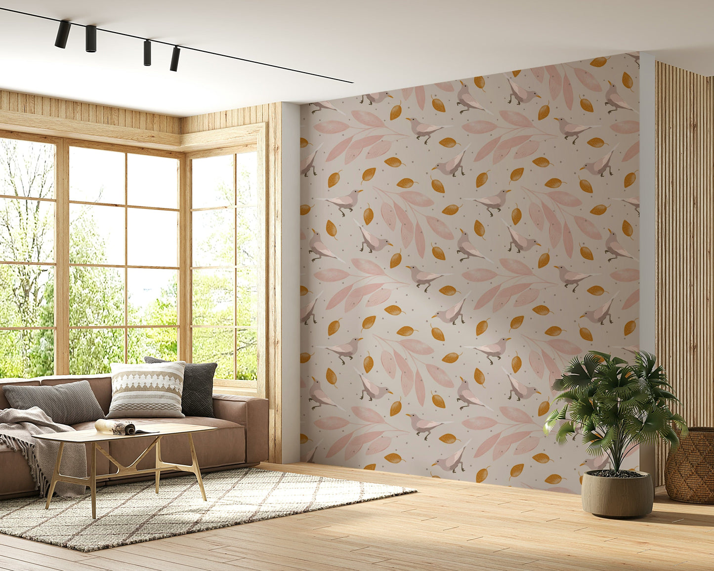 Birds & Leaves wallpaper mural where birds wander among subtle leaf clusters.

