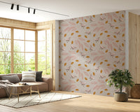 Birds & Leaves wallpaper mural where birds wander among subtle leaf clusters.

