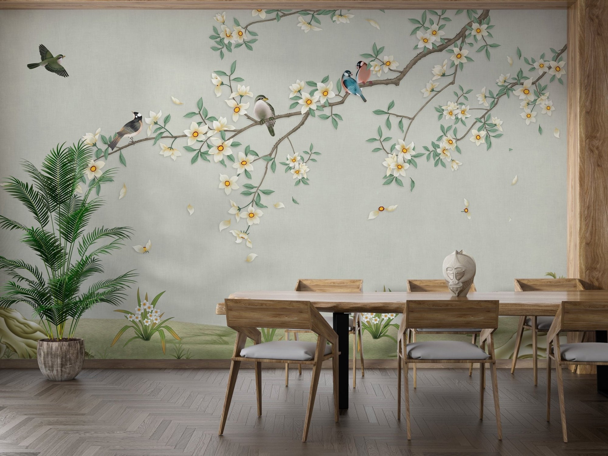 Birds on Branch Green Color Wallpaper for dining rooms A576