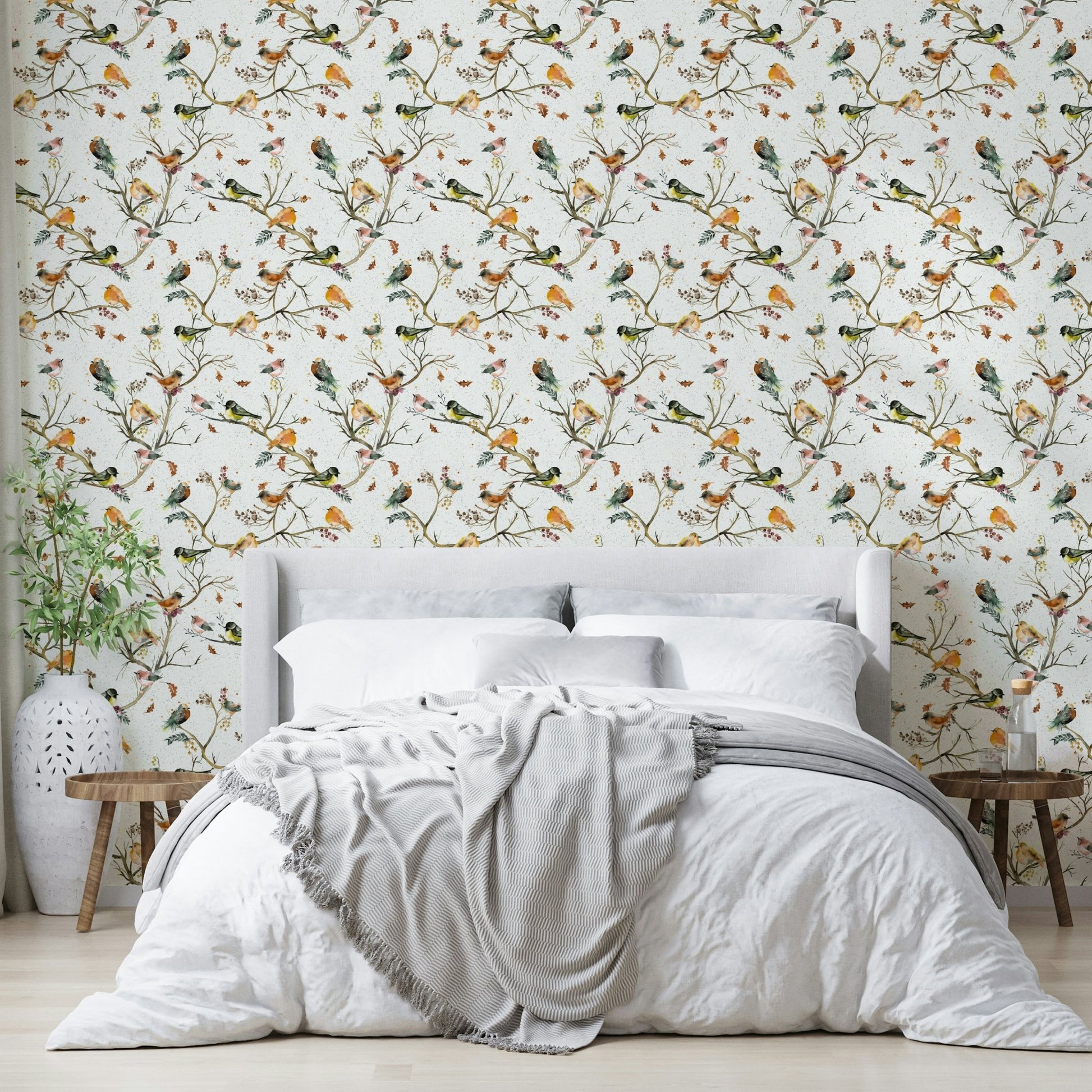 Green rustic wallpaper with birds

