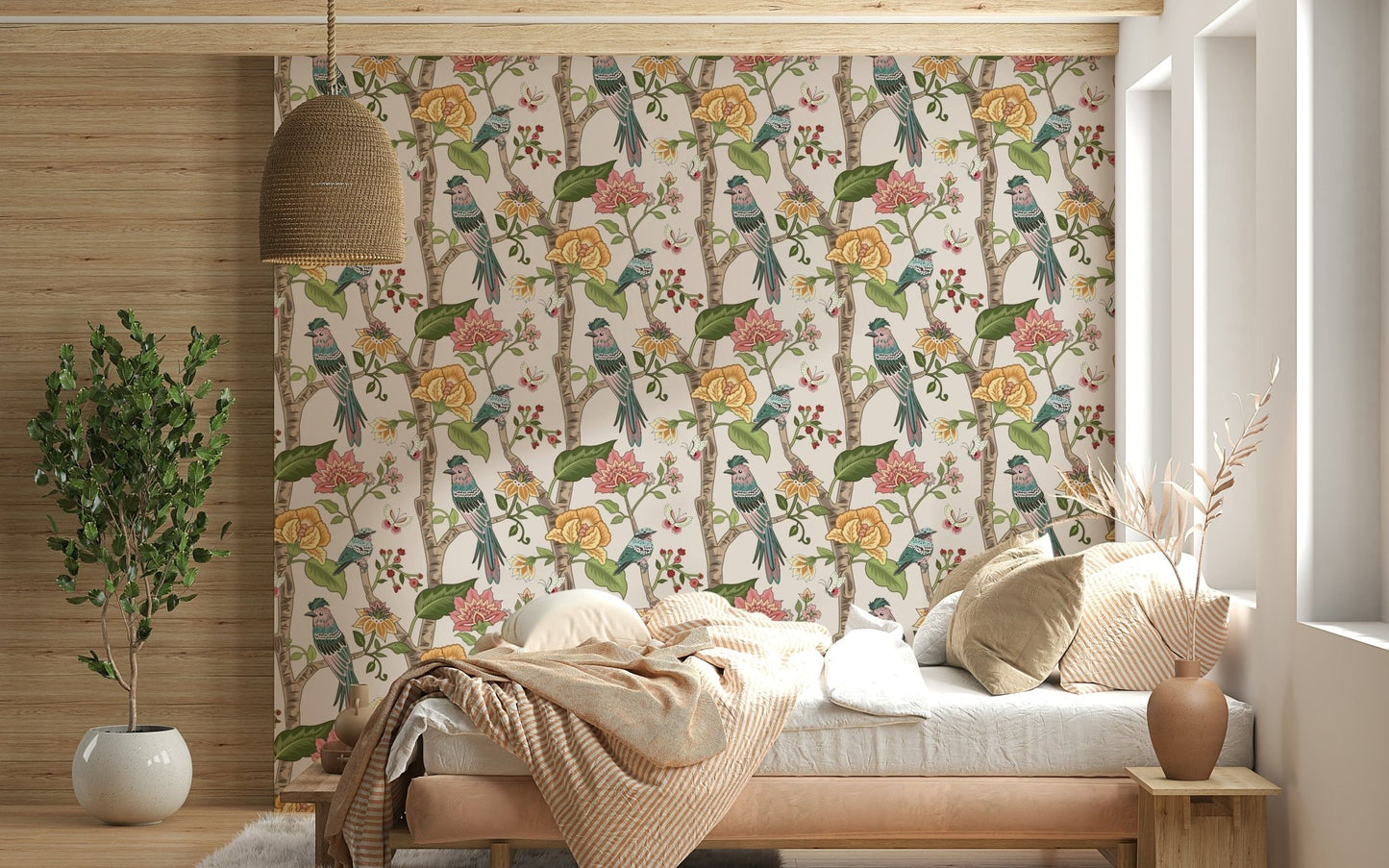 Droll Botanical Birds print, sage green backdrop, odd floral peel and stick paper wall mural.