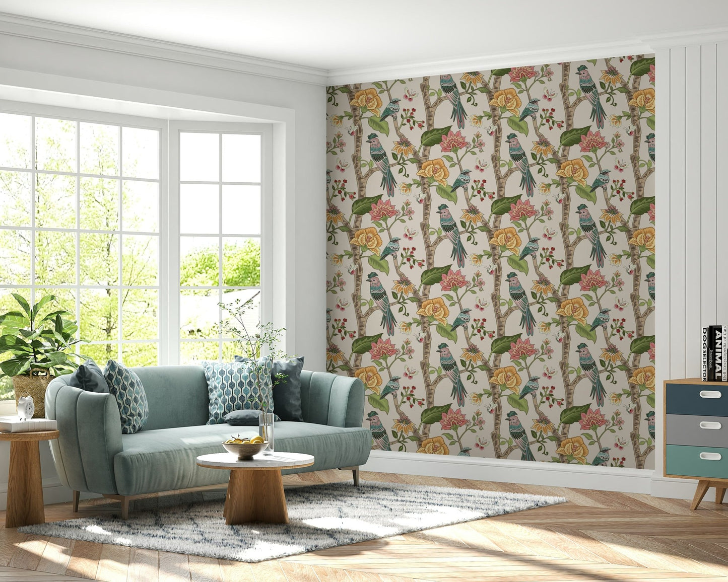 Wall mural of Botanical Birds, luscious peach bloom, curious jungle scene.