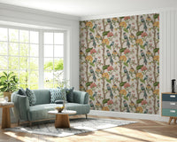 Wall mural of Botanical Birds, luscious peach bloom, curious jungle scene.